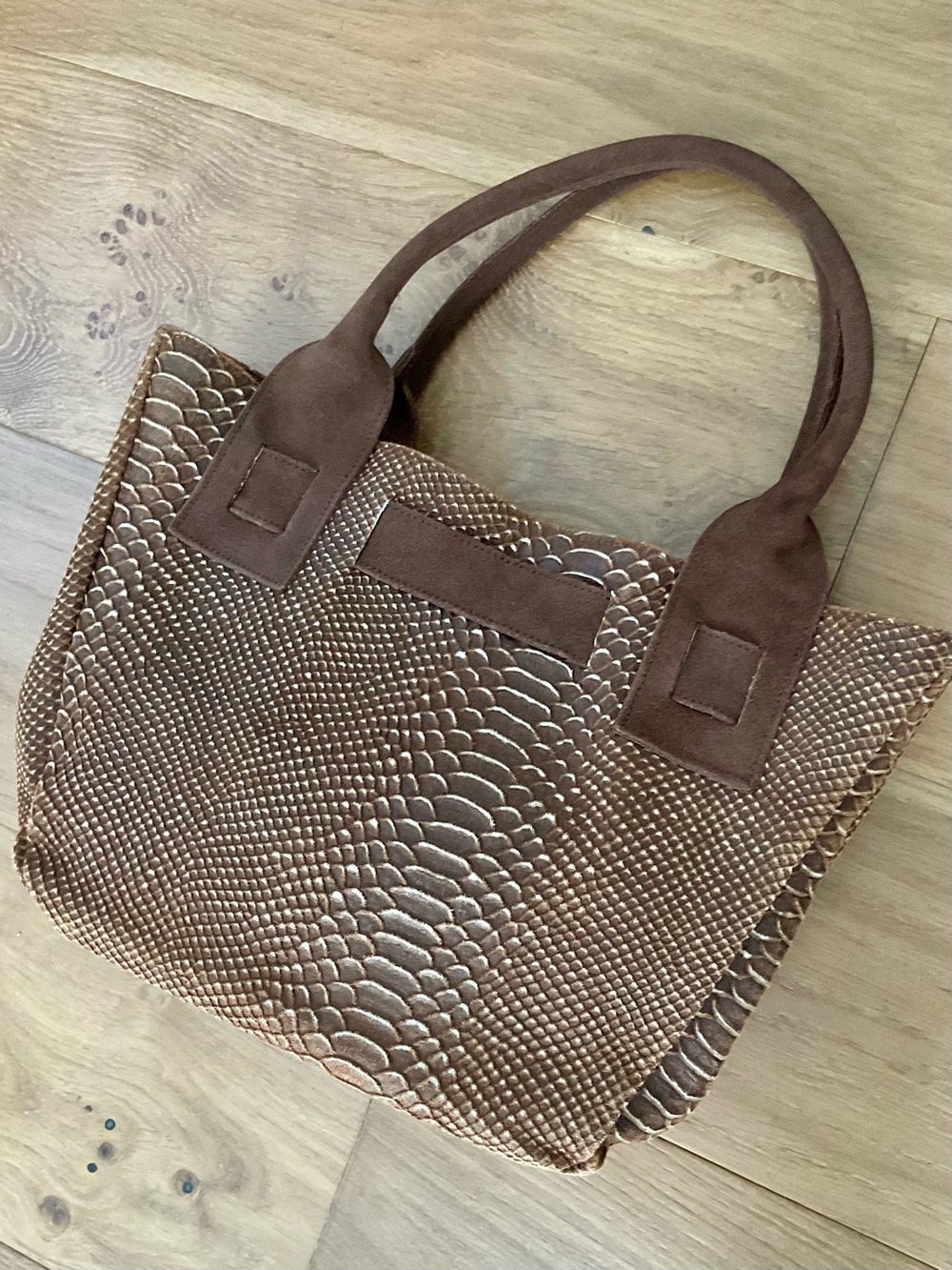 Longobardi Italian Brown Snake Embossed Leather Suede Bow Tote Bag Expandable - Picture 6 of 16